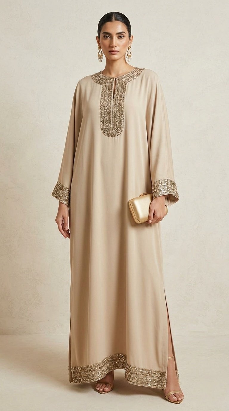 Kaftan and abaya manufacturer sample — champagne kaftan with gold bead and sequin embroidery