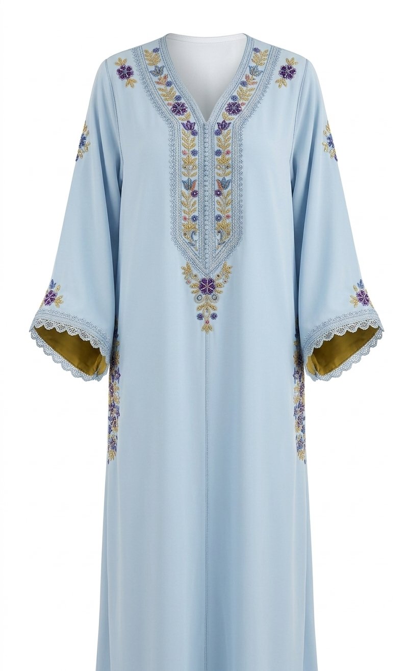 Finished light blue kaftan with purple and gold bead embroidery