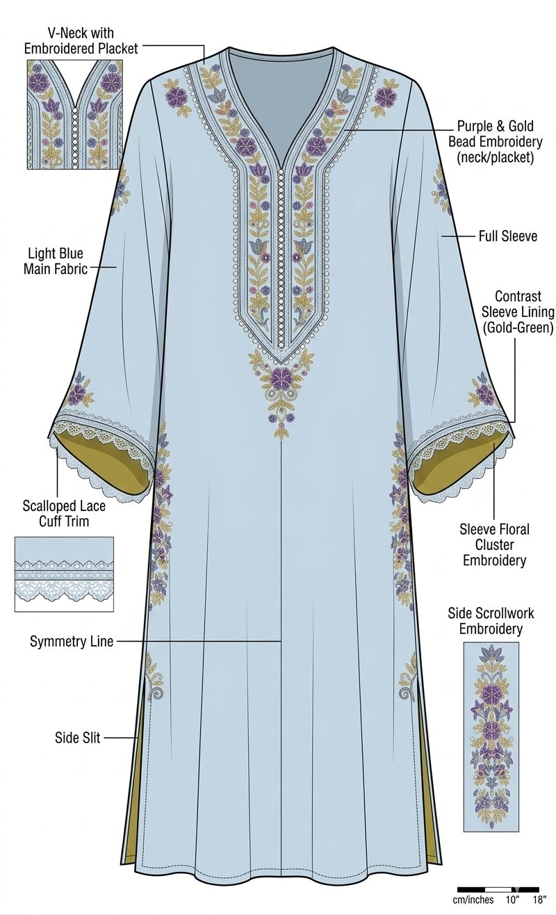 Technical flat sketch of a light blue kaftan with embroidery detail callouts
