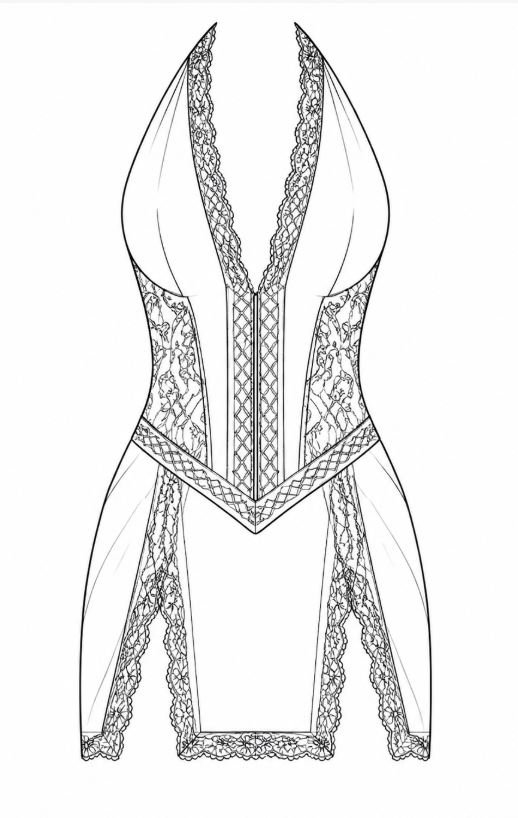 Technical sketch of a gothic mini dress with halter strap, deep V neckline, lace trim and double front slits