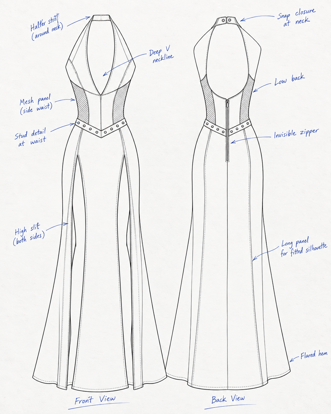 Technical sketch of a gothic halter gown with front and back construction callouts