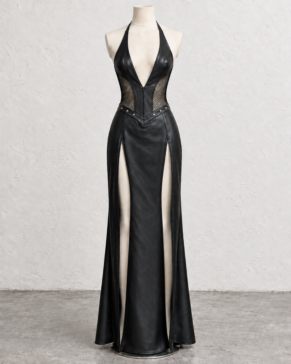 Gothic collection gown manufacturer — black faux leather halter gown sample on mannequin, showing mesh corset panel, stud waist detail and double front slits